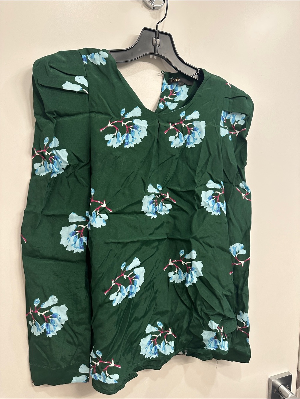 Maje (size 1) Dark Green Floral V-Neck Blouse. Slight puff sleeve.